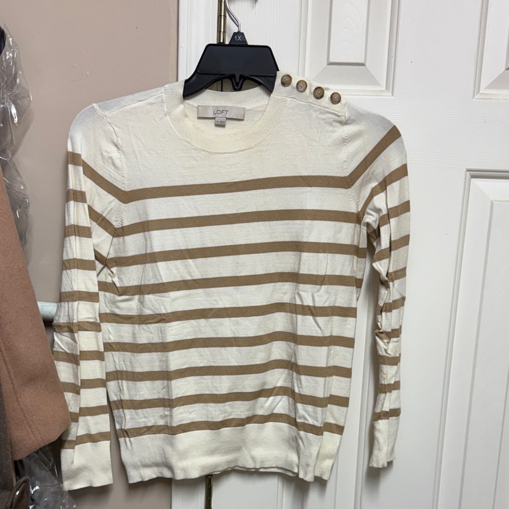 LOFT Crewneck Sweater - Cream and Tan Stripes